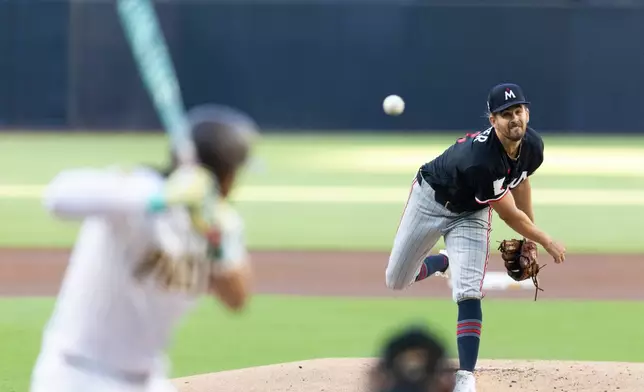 Minnesota Twins starting pitcher Dean Kremer works against San Diego Padres' Fernando Tatis Jr. in the first inning of a baseball game Saturday, Aug. 22, 2026, in San Diego, Calif. (AP Photo/Karl Anderson)