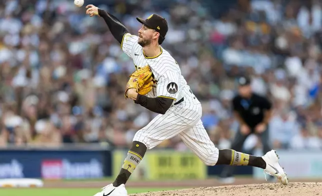 San Diego Padres pitcher Griffin Canning works against a Minnesota Twins batter in the fifth inning of a baseball game Twins Saturday, Aug. 22, 2026, in San Diego, Calif. (AP Photo/Karl Anderson)