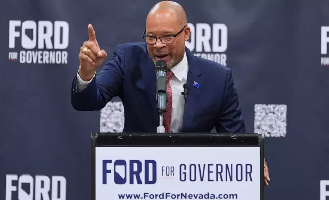 FILE - Gubernatorial candidate Aaron Ford, attorney general of Nevada, speaks during a primary election night watch party after winning the Democratic nomination, June 9, 2026, in Las Vegas. (AP Photo/Jae C. Hong, File)