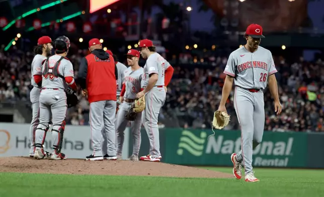 Cincinnati Reds pitcher Chase Burns (26) walks off the mound during the fourth inning of a baseball game against the San Francisco Giants in San Francisco, Monday, Aug. 24, 2026. (AP Photo/Jed Jacobsohn)