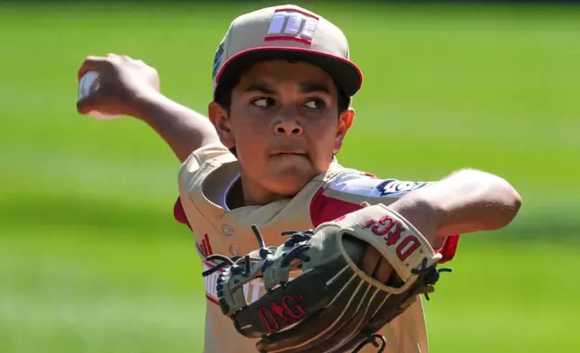 Henderson, Nev.'s Owen Guzman delivers during the first inning of the United States Championship baseball game against Hamilton, Ohio, at the Little League World Series tournament in South Williamsport, Pa., Saturday, Aug. 29, 2026. (AP Photo/Gene J. Puskar)
