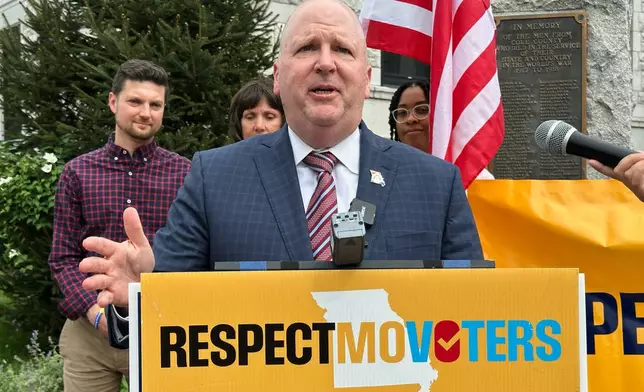 Attorney Chuck Hatfield, representing the group Respect Missouri Voters, speaks to reporters outside the Cole County Courthouse in Jefferson City, Mo., Tuesday, Aug. 18, 2026. (AP Photo/David A. Lieb)