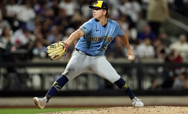 Milwaukee Brewers pitcher Kyle Harrison delivers a pitch during the fifth inning of a baseball game against the New York Mets on Tuesday, Aug. 25, 2026, in New York. (AP Photo/Adam Hunger)