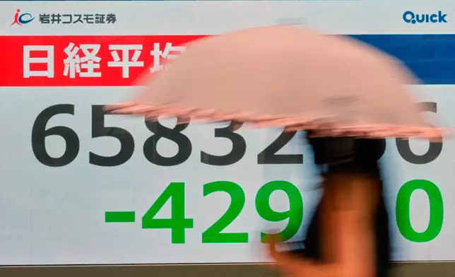 A person walks near an electronic stock board showing Japan's Nikkei index at a securities firm Thursday, Aug. 27, 2026, in Tokyo. (AP Photo/Eugene Hoshiko)