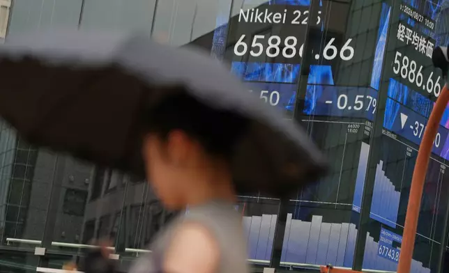 A person walks in front of an electronic stock board showing Japan's Nikkei index at a securities firm Thursday, Aug. 27, 2026, in Tokyo. (AP Photo/Eugene Hoshiko)