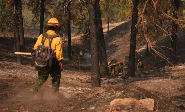 Firefighters inspect an area at Wyakin Park after a wildfire hit the northern part of Spokane, Wash., Tuesday, Aug. 4, 2026. (AP Photo/Lindsey Wasson) CORRECTION: Wyakin Park, not Weaken Park