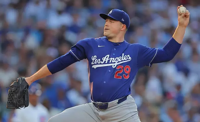 Los Angeles Dodgers starting pitcher Tarik Skubal throws during the first inning of a baseball game against the Chicago Cubs, Tuesday, Aug. 4, 2026, in Chicago. (AP Photo/Melissa Tamez)