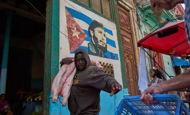 A man carries a pig at the entrance of a market, decorated with a mural of Fidel Castro, in Havana, Cuba, Wednesday, Aug. 12, 2026. (AP Photo/Ramon Espinosa)