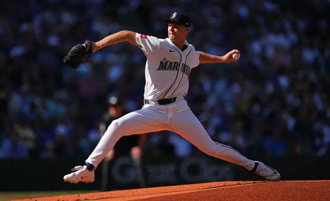 Seattle Mariners starting pitcher Kade Anderson throws his first pitch in his major league debut against the Chicago Cubs during the first inning of a baseball game, Saturday, Aug. 22, 2026, in Seattle. (AP Photo/Lindsey Wasson)