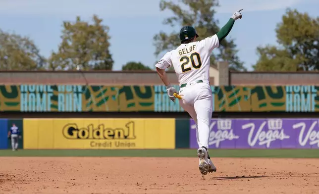 Athletics' Zack Gelof runs the bases after hitting a two-run home run during the seventh inning of a baseball game against the Texas Rangers, Sunday, Aug. 16, 2026, in West Sacramento, Calif. (AP Photo/Sara Nevis)