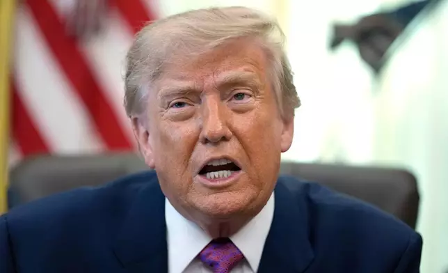 President Donald Trump speaks in the Oval Office of the White House, Thursday, Aug. 27, 2026, in Washington. (AP Photo/Manuel Balce Ceneta)