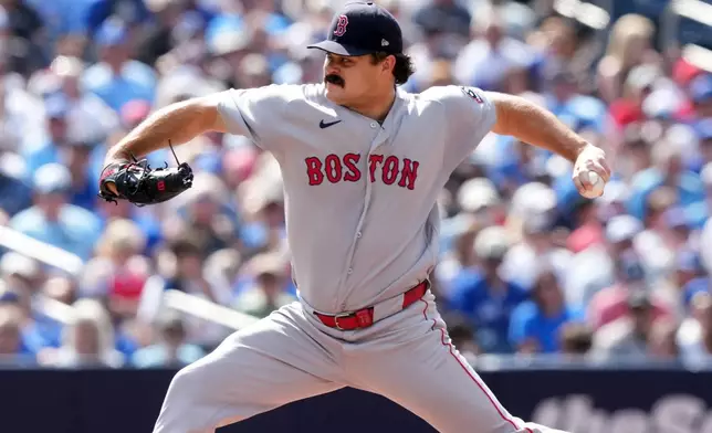 Boston Red Sox pitcher Payton Tolle (70) pitches against the Toronto Blue Jays during the second inning of a baseball game in Toronto, Thursday, Aug. 13, 2026. (Nathan Denette/The Canadian Press via AP)