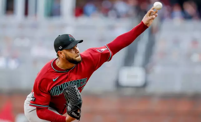 Arizona Diamondbacks pitcher Eduardo Rodriguez delivers to an Atlanta Braves batter during the first inning of a baseball game in Atlanta, Saturday, Aug. 15, 2026. (AP Photo/Erik S. Lesser)