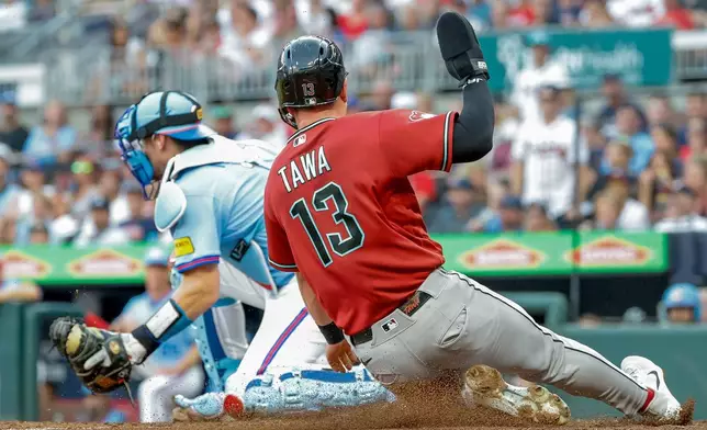 Arizona Diamondbacks' Tim Tawa (13) scores against Atlanta Braves catcher Sean Murphy, left, during the second inning of a baseball game, Saturday, Aug. 15, 2026, in Atlanta. (AP Photo/Erik S. Lesser)
