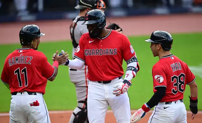Cleveland Guardians' Jo Adell is congratulated by Jose Ramirez (11) and Steven Kwan (38) after hitting a three-run home run off San Francisco Giants starting pitcher Carson Whisenhunt during the first inning of a baseball game, Tuesday, Aug. 18, 2026, in Cleveland. (AP Photo/David Dermer)