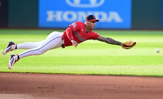 Cleveland Guardians shortstop Brayan Rocchio dives in an attempt to field a ball hit by San Francisco Giants' Jonah Cox during the first inning of a baseball game, Tuesday, Aug. 18, 2026, in Cleveland. (AP Photo/David Dermer)