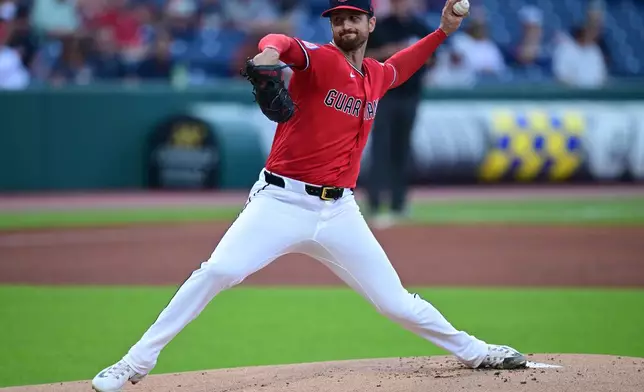 Cleveland Guardians starting pitcher Foster Griffin delivers during the first inning of a baseball game against the San Francisco Giants, Tuesday, Aug. 18, 2026, in Cleveland. (AP Photo/David Dermer)