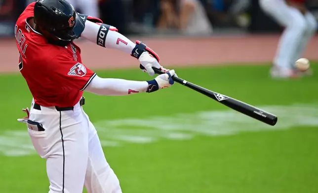 Cleveland Guardians' Jo Adell hits a three-run home run off San Francisco Giants starting pitcher Carson Whisenhunt during the first inning of a baseball game, Tuesday, Aug. 18, 2026, in Cleveland. (AP Photo/David Dermer)