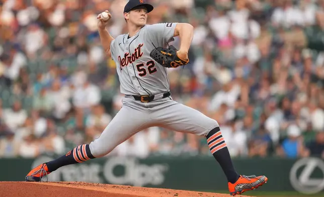 Detroit Tigers starting pitcher Troy Melton (52) throws against the Seattle Mariners during first inning of a baseball game, Tuesday, Aug. 4, 2026, in Seattle. (AP Photo/Eric Hiller)