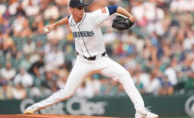 Seattle Mariners starting pitcher Emerson Hancock throws against the Detroit Tigers during the first inning of a baseball game, Tuesday, Aug 4, 2026, in Seattle. (AP Photo/Eric Hiller)