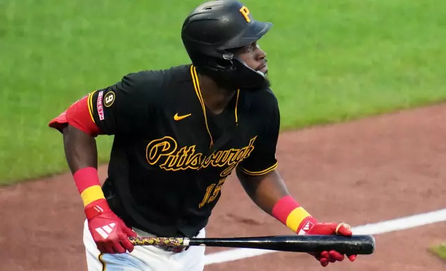 Pittsburgh Pirates' Oneil Cruz watches his two-run home run off Detroit Tigers pitcher Keider Montero during the fifth inning of a baseball game in Pittsburgh, Tuesday, Aug. 18, 2026. (AP Photo/Gene J. Puskar)