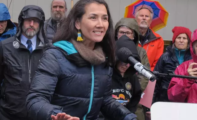 FILE - Alaska U.S. Senate candidate Mary Peltola, a Democrat, speaks during a campaign rally on May 14, 2026, in Juneau, Alaska. (AP Photo/Becky Bohrer, file)