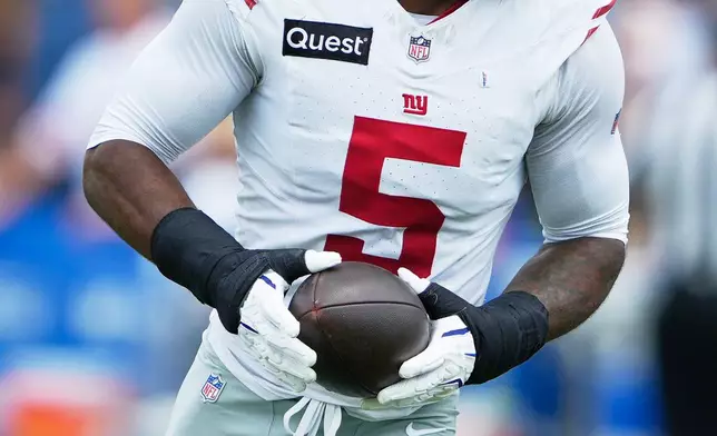 New York Giants' Kayvon Thibodeaux practices during an NFL football training camp, Saturday, Aug. 1, 2026, in White Sulphur Springs, W.Va. (AP Photo/Chris Carlson)