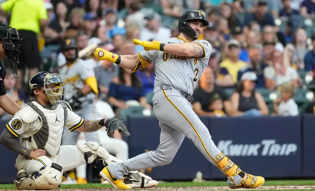 Pittsburgh Pirates' Spencer Horwitz hits a three-run double during the third inning of a baseball game against the Milwaukee Brewers, Monday, Aug. 3, 2026, in Milwaukee. (AP Photo/Aaron Gash)