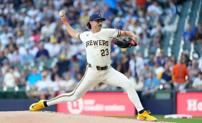 Milwaukee Brewers' Brandon Sproat pitches during the first inning of a baseball game against the Pittsburgh Pirates, Monday, Aug. 3, 2026, in Milwaukee. (AP Photo/Aaron Gash)