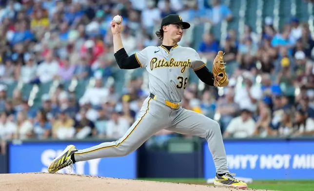 Pittsburgh Pirates' Bubba Chandler pitches during the first inning of a baseball game against the Milwaukee Brewers, Monday, Aug. 3, 2026, in Milwaukee. (AP Photo/Aaron Gash)