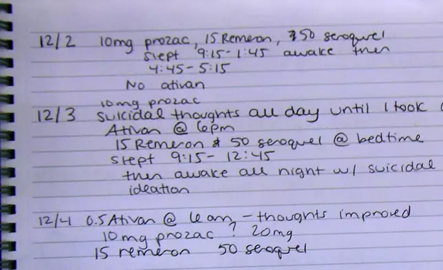 A page from a notebook kept by Lindsay Clancy in which she documents her medications and feelings during Clancy's murder trial at Plymouth Superior Court in Plymouth, Mass., Monday, Aug. 3, 2026. (Greg Derr/The Patriot Ledger via AP, Pool)
