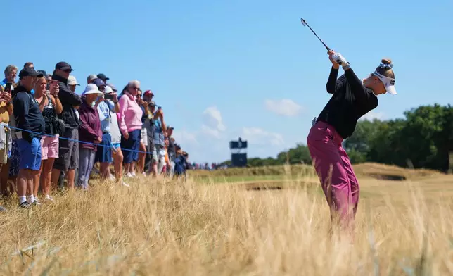 Nelly Korda, of the United States, plays a shot out of the rough on the 3rd hole during the second round of the Women's British Open golf championship in Lytham St Annes, England, Friday, July 31, 2026. (AP Photo/Jon Super)