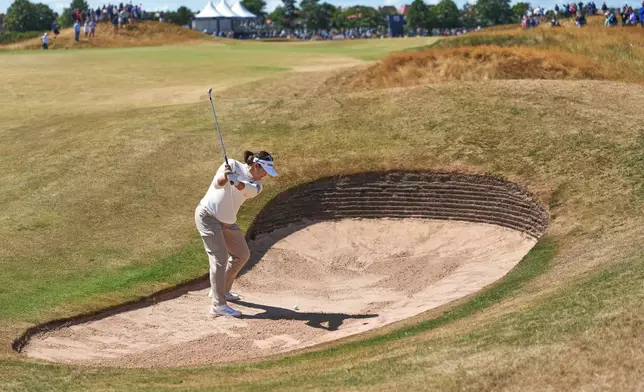 Haeran Ryu, of South Korea, plays a shot out of a bunker on the 15th hole during the first round of the Women's British Open golf championship in Lytham St Annes, England, Thursday, July 30, 2026. (AP Photo/Jon Super)
