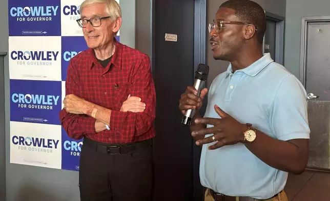 Wisconsin Gov. Tony Evers, left, campaigns with Democratic candidate for Governor David Crowley, right, Monday, Aug. 10, 2026, in Madison, Wis. (AP Photo/Scott Bauer)