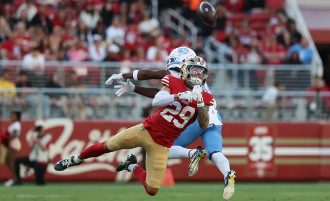 San Francisco 49ers defensive back Ashtyn Davis (29) breaks up a pass intended for Tennessee Titans wide receiver Carnell Tate during the first half of a preseason NFL football game, Thursday, Aug. 13, 2026, in Santa Clara, Calif. (AP Photo/Jed Jacobsohn)