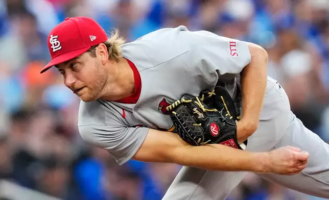 St. Louis Cardinals pitcher Kyle Leahy (62) works against the Toronto Blue Jays during the third inning of a baseball game against the St. Louis Cardinals in Toronto, Friday, July 31, 2026. (Chris Young/The Canadian Press via AP)