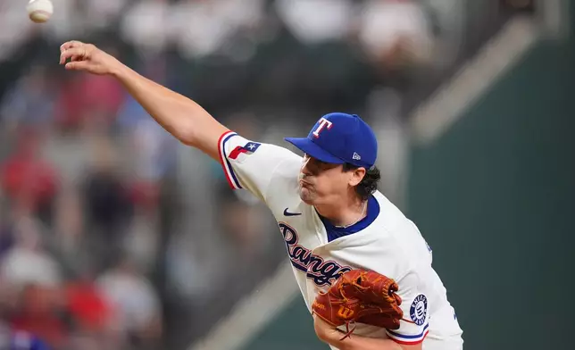 Texas Rangers starting pitcher Cal Quantrill throws during the first inning of a baseball game against the Washington Nationals, Tuesday, Aug. 18, 2026, in Arlington, Texas. (AP Photo/LM Otero)
