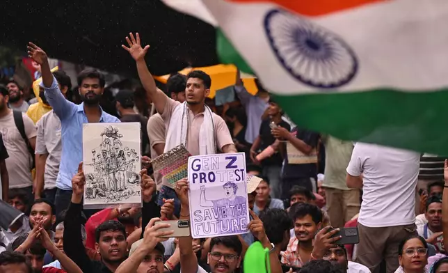 FILE- Protesters raise slogans during a demonstration demanding educational reforms as part of the Cockroach Janta Party's ongoing protest movement in New Delhi, India, Friday, July 24, 2026. (AP Photo/Vipin, File)