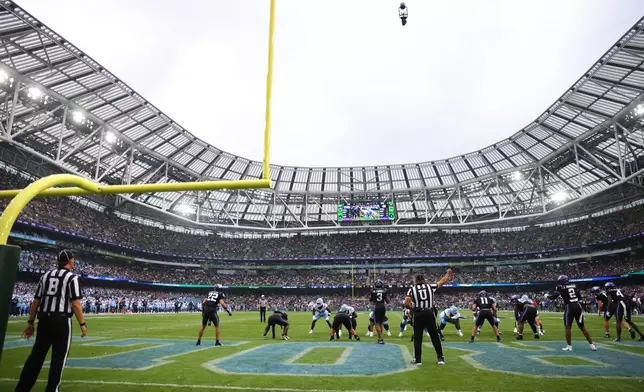 TCU takes on North Carolina during an NCAA college football game in Dublin, Ireland, Saturday, Aug. 29, 2026. (AP Photo/Peter Morrison)
