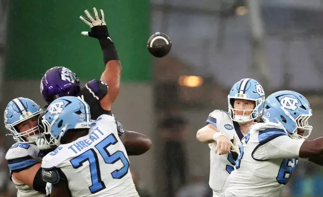 North Carolina's Billy Edwards Jr. throws a pass during an NCAA college football game against TCU in Dublin, Ireland, Saturday, Aug. 29, 2026. (AP Photo/Peter Morrison)