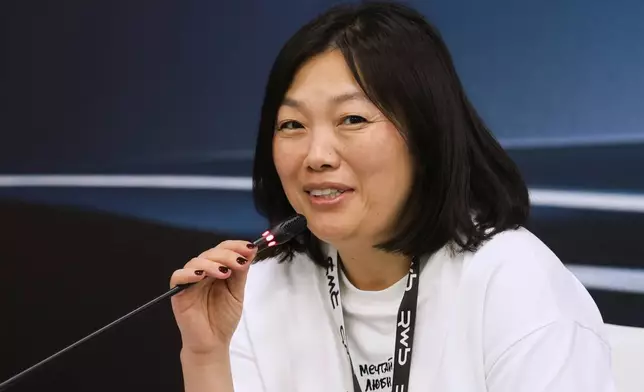 In this photo released by the Roscongress Foundation, Tatyana Kim, the owner of online retailer Wildberries, speaks on the sidelines of the Eastern Economic Forum in Vladivostok, Russia, on Saturday, Sept. 6, 2025. (Alexey Aleksandronok/Roscongress Foundation via AP)