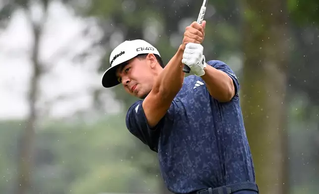 Michael Thorbjornsen hits from the fifth tee during the final round of the Rocket Classic golf tournament, Sunday, Aug. 2, 2026, in Detroit. (AP Photo/Jose Juarez)