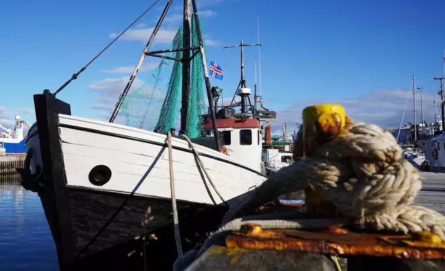 A fishing boat moored at Reykjavik Harbor in Reykjavik, Iceland, Sunday, Aug. 9, 2026. (AP Photo/James Brooks)