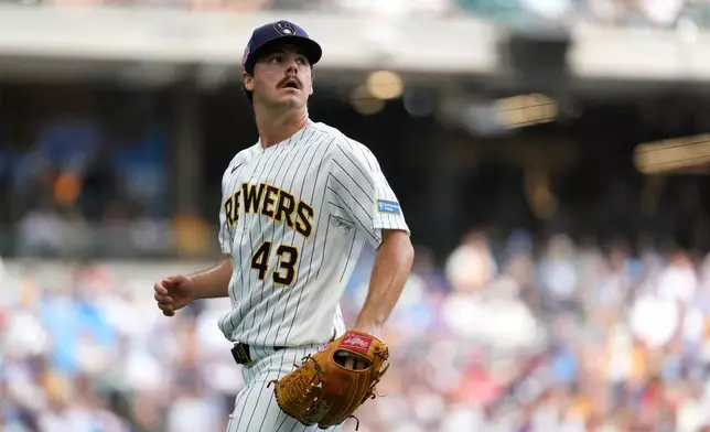 Milwaukee Brewers' Logan Henderson looks back during the third inning of a baseball game against the Atlanta Braves, Saturday, Aug. 22, 2026, in Milwaukee. (AP Photo/Aaron Gash)