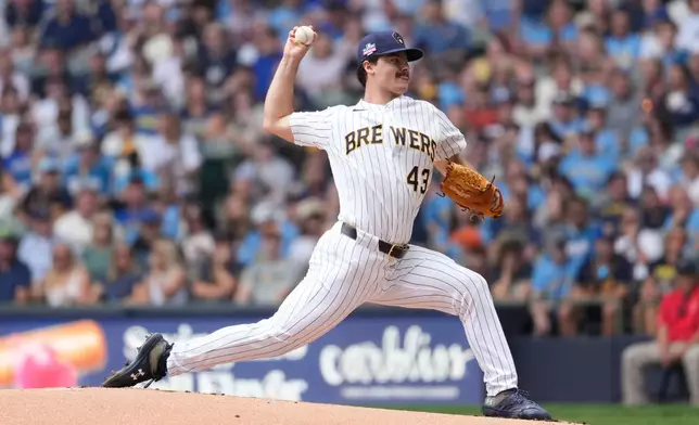 Milwaukee Brewers' Logan Henderson pitches during the first inning of a baseball game against the Atlanta Braves, Saturday, Aug. 22, 2026, in Milwaukee. (AP Photo/Aaron Gash)
