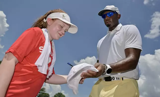 (Memphis, Tenn.) St. Jude patient Brinley shares a special moment with NBA Legend & Coach Penny Hardaway during the 2026 Danny Thomas Celebrity-Am, Aug. 13, 2026 in Memphis, Tennessee. Events throughout FedEx St. Jude Championship week share the message of hope while connecting golf fans across the world to the mission of St. Jude Children’s Research Hospital: Finding cures. Saving children.®