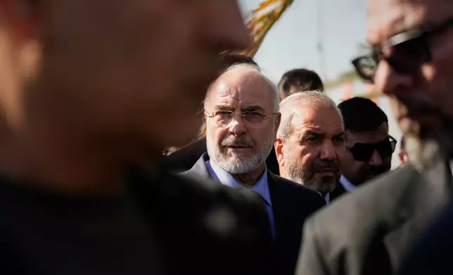 Iranian Parliament Speaker Mohammad Bagher Qalibaf visits the site where Iranian Gen. Qassem Soleimani was killed in a U.S. drone strike near Baghdad International Airport, during an official visit to Baghdad, Iraq, Wednesday, Aug. 19, 2026.(AP Photo/Hadi Mizban)