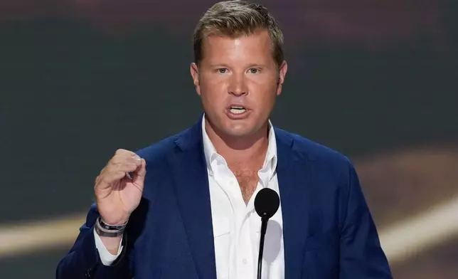 FILE - Tim Sheehy speaks during the Republican National Convention, July 16, 2024, in Milwaukee. (AP Photo/J. Scott Applewhite, File)