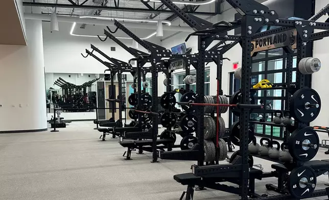 The weight room in the new joint training facility for the NWSL’s Portland Thorns and the WNBA’s Portland Fire, in Hillsboro, Ore., Friday, Aug. 21, 2026. (AP Photo/Anne M. Peterson)
