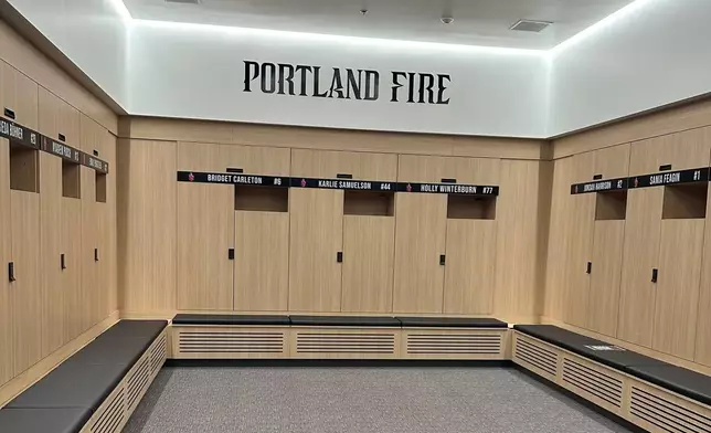 The locker room for the Portland Fire in the new joint training facility for the WNBA’s Fire and the NWSL’s Portland Thorns in Hillsboro, Ore., Friday, Aug. 21, 2026. (AP Photo/Anne M. Peterson)